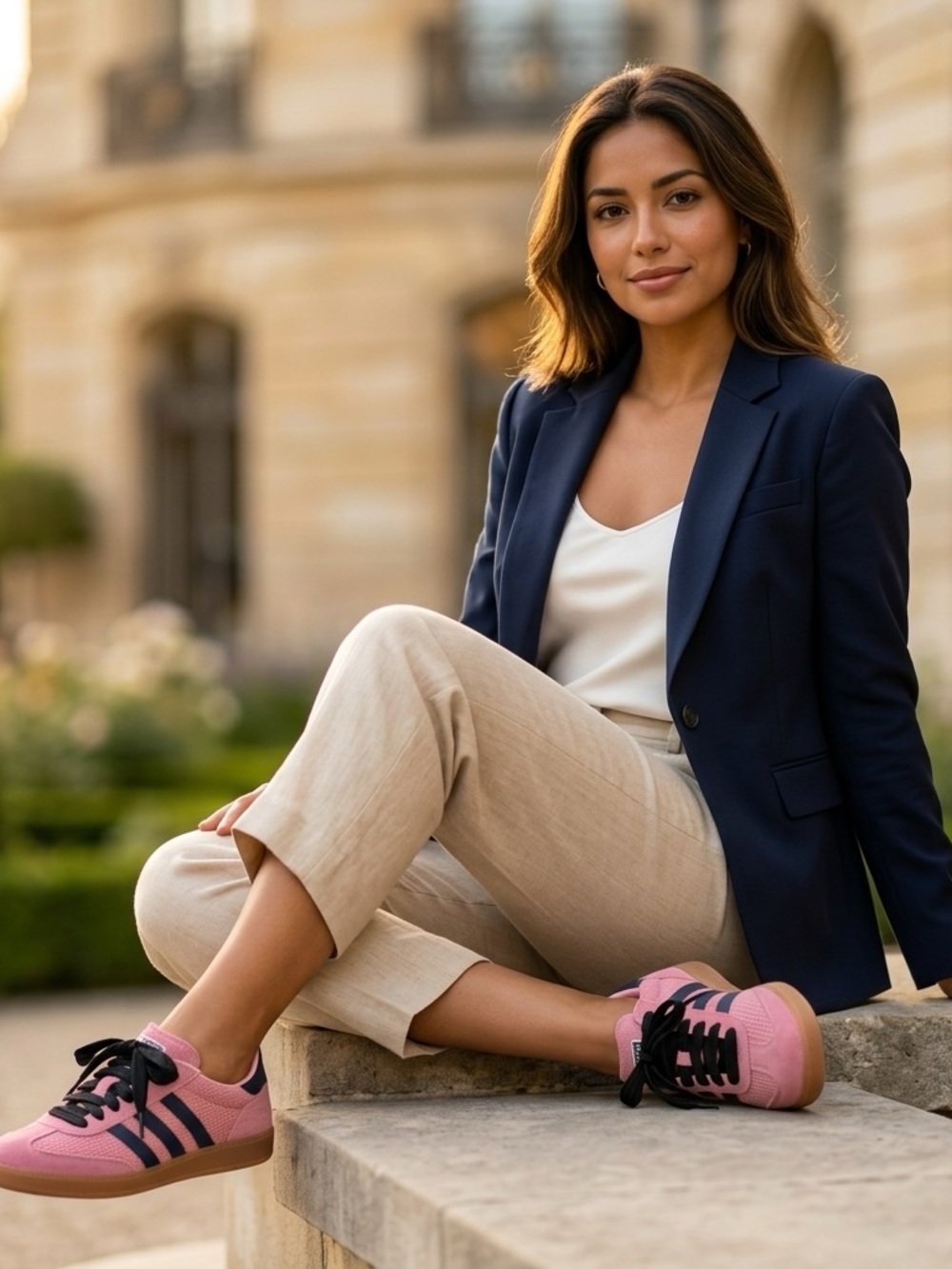 Steve Madden Pink Sneakers with black laces dark blue strips.
